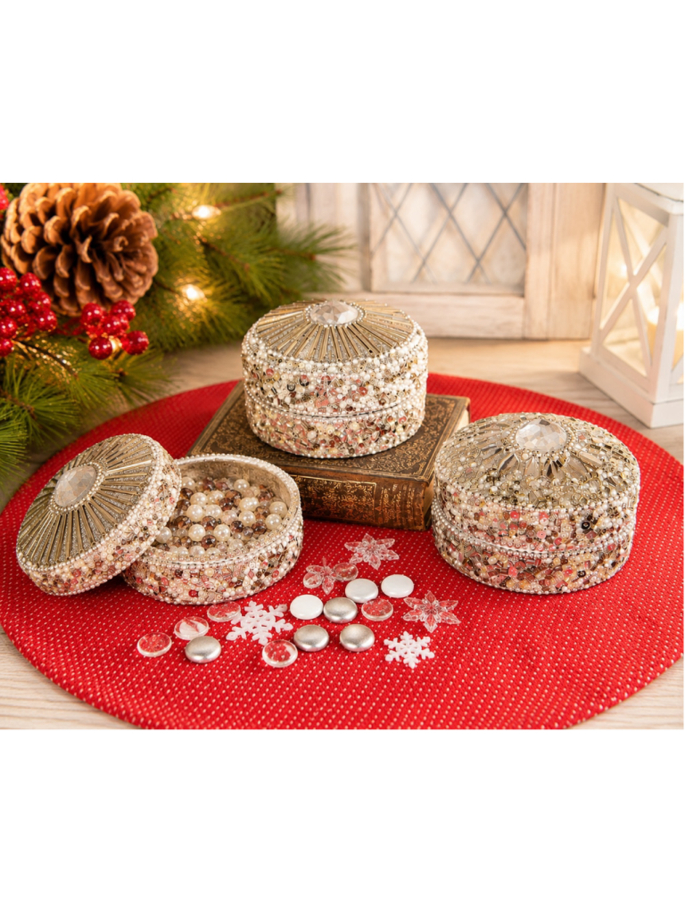 Set of 3 Sparkling Trinket Boxes, Silver Rhinestone Jeweled Christmas Decor
